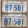 Pair of 1972 SK licence plates