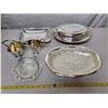 Image 1 : SILVER PLATE CARVED DISH, BUTTER DISH, BUTTER DISH, CREAM & SUGAR 2 TRAYS
