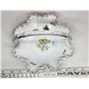 Image 2 : Fenton, ruffled edge bowl with handle - White & clear with original stickers