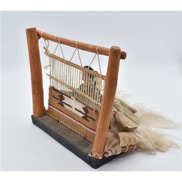 Navajo Weaver Doll with Partial Rug on Loom