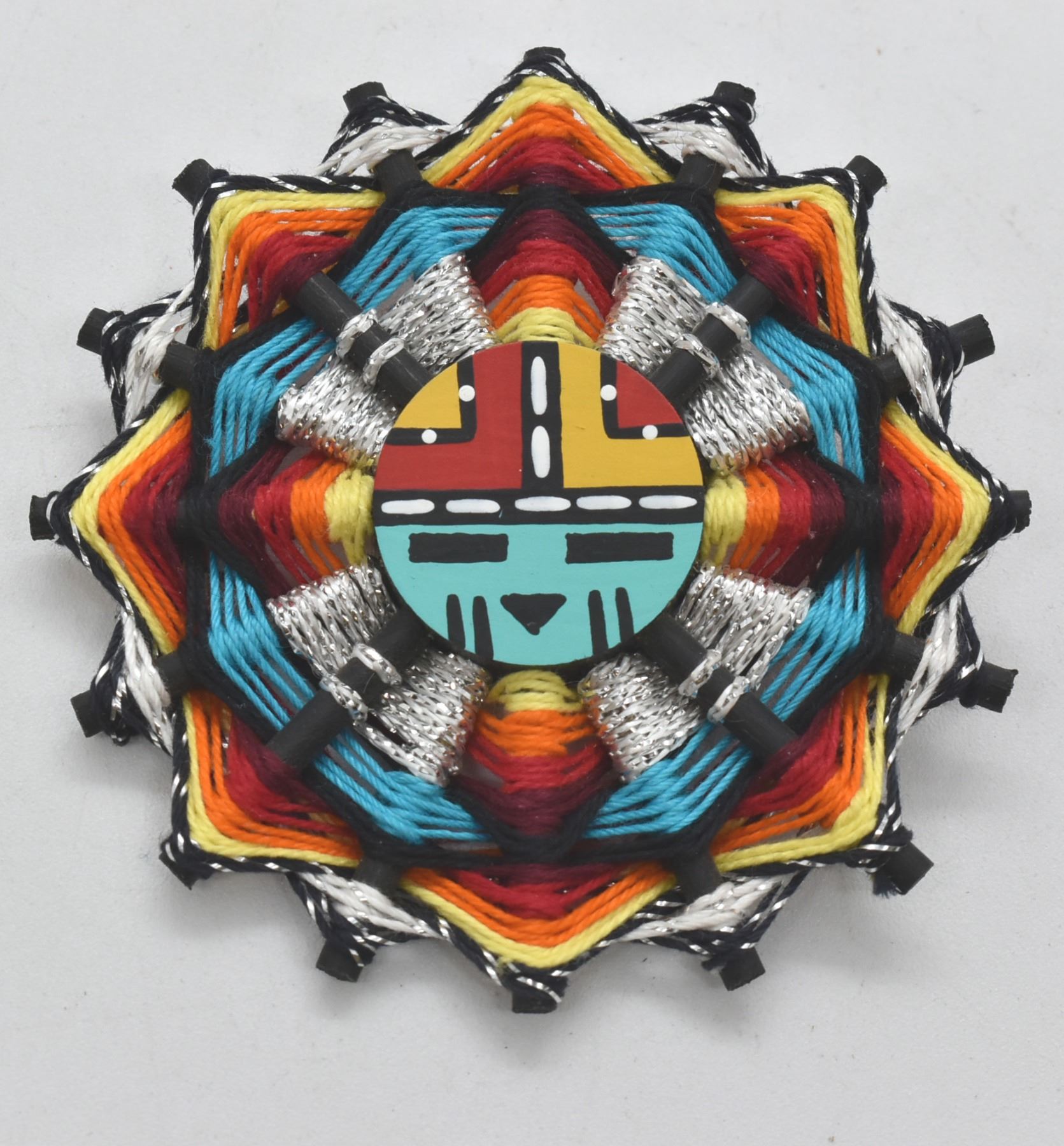 Hopi Dawa Sun God Yarn and Wood Pin by S. Hamana