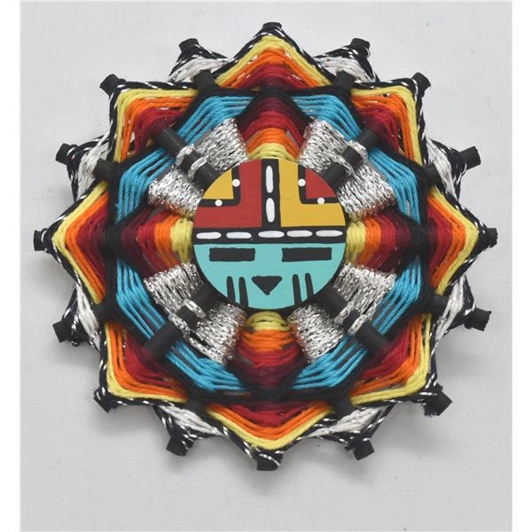 Hopi Dawa Sun God Yarn and Wood Pin by S. Hamana