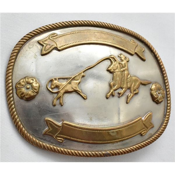 Vintage Nickel Silver Cowboy Roping Belt Buckle