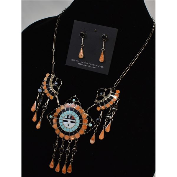 Zuni Sterling Inlay Sun God Necklace & Earrings