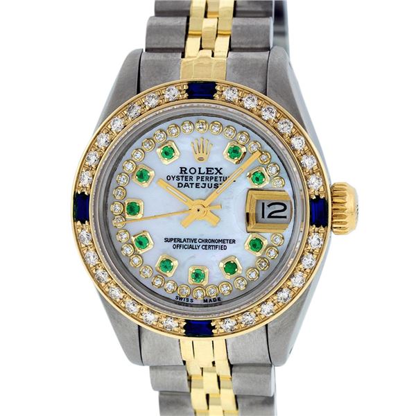 Rolex Ladies 2 Tone MOP Emerald String & Sapphire Diamond Wristwatch