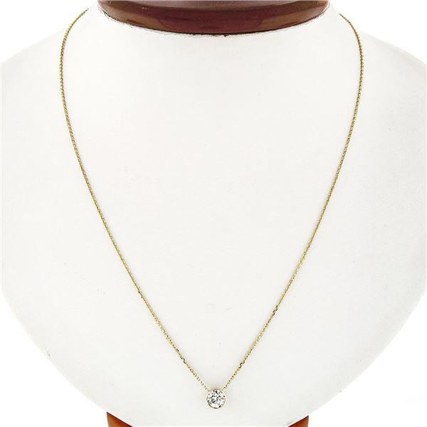 New 14k Yellow Gold 0.65 ctw Bezel Set Round Diamond Solitaire Pendant Necklace