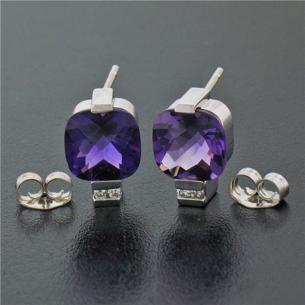 14K White Gold 2.52 ctw Cushion Checkerboard Amethyst Diamond Petite Stud Earrin