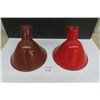 Image 1 : Pair of Vintage Red Porcelain Light Shades - 1 is Painted Brown Angled 10" Wide - Service Station
