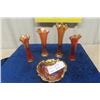 Image 1 : 4 Carnival Vases + Dish - Biggest 10" Tall