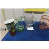 Image 1 : Koiser Vase, 3 Pitchers; 1 Irish Herringbone, 2 Colored Depression Glass