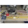 Image 1 : Assorted Tools; Levels, Prybar, Saw, Molding Head, Dado Blade, Packaged Hardware, Tool box, Wire Bru