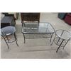 Image 1 : 3 pc Table Set - Glass Top Metal Base; Table 20" x 31" x 40"  & End Tables 19" Wide x 24" Tall