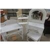 Image 1 : 4pc Wicker Set; Make Up Table with Chair 15" x 30" x 57" & Wicker Desk - Missing Drawer 20" x 29" x 