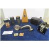Image 1 : Metronome, 3 Edison Cylinders, Sonata Tone Drum, Polaroid + Brownie Cameras