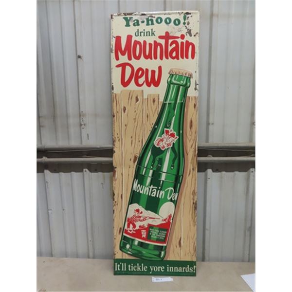 Mountain Dew Vertical Bottle Sign 17" x 53" - Made in Canada Barker 1966 Metal Embossed