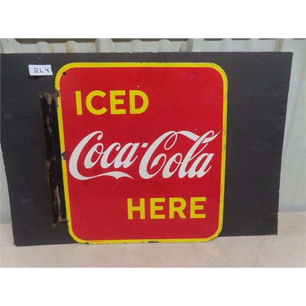 Iced Coca-Cola Here Porcelain Double Sided Flange Sign - P+M Canada 1949- a Few Touch Ups
