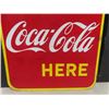 Image 7 : Iced Coca-Cola Here Porcelain Double Sided Flange Sign - P+M Canada 1949- a Few Touch Ups
