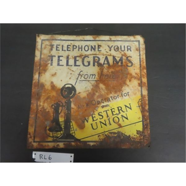 Western Union Telegrams Tin Sign 13" x 13" - Early But Rusty - Has Good Look to it