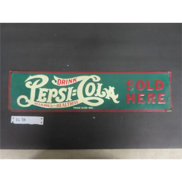 Pepsi Cola Sold Here Embossed Tin Sign 5.5" x 22" Double Dot