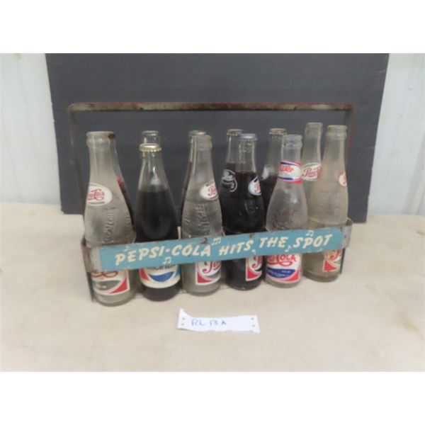 Pepsi Cola Metal 12 Pack Carrier - Double Dot Cap Logo on Ends - 12 Various Bottles 5.5" x11" x 16"