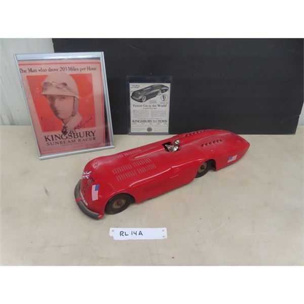 Vintage Kingsbury Sunbeam Racer 1927 - Motor Driven Wind Up - Pressed Tin 19" Long - Works - With Pa