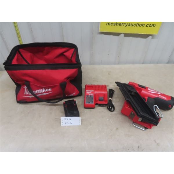 Milwaukee Air Nailer with Charger + Battery + Bag, + 30 Degree 18V Framing Nailer