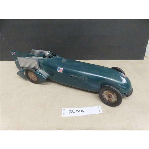 Kingsbury Blue Bird Wind Up Pressed Tin Racer Working Condition 18.5" Long with Driver