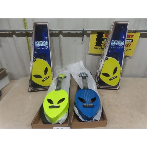 2 Mahalo Alien Face Ukuleles- New in Box Metallic Blue + Neon Green
