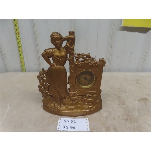 Vintage Brass Lady Table Clock - No Markings 12" Tall