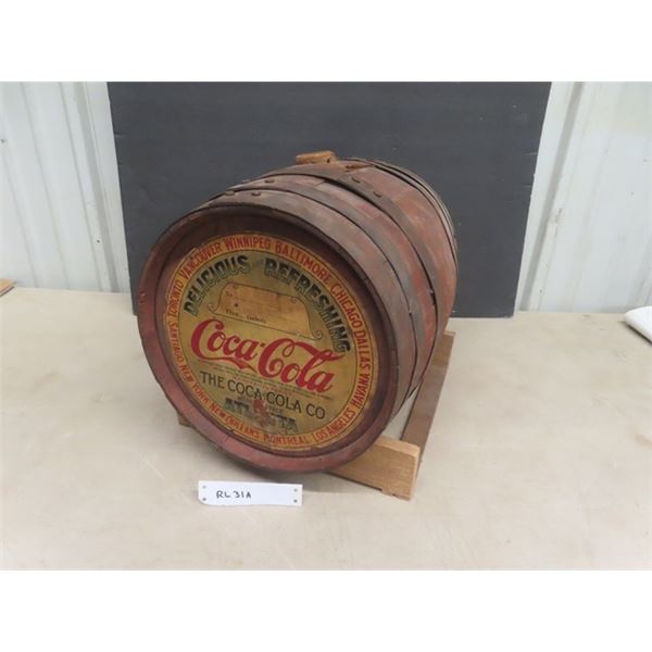 Coca-Cola 5 Gal Syrup Barrel  Circa 1915 Paper Kleel on 1 end - Shows Winnipeg - Very Cool Display I
