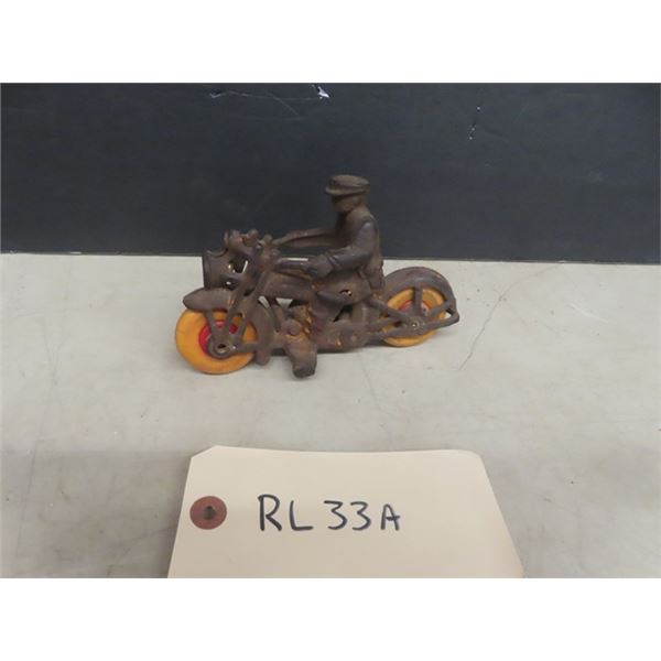 Hubbley Cast Iron Motorcycle With Rider -Has Battery Operated Headlight 6" Long