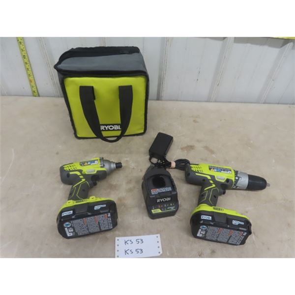 Ryobi 18V Cordless 1/2" Drill + D235 Impact Driver with Charger + Batteries + Bag