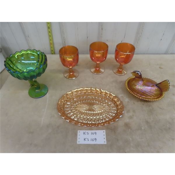 6pcs of Carnival Glass; Rooster Bowl, 3 Goblets, Platter, Candy Dish