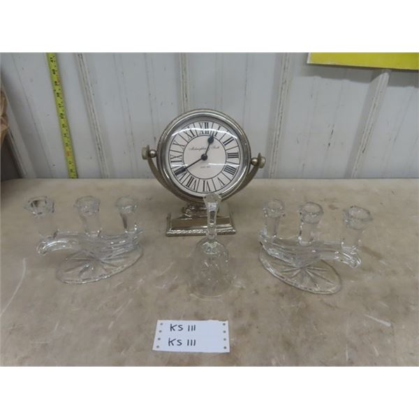 Cut Glass Candle Holders, Glass Bell, McLaughlin + Scott Mantle Clock