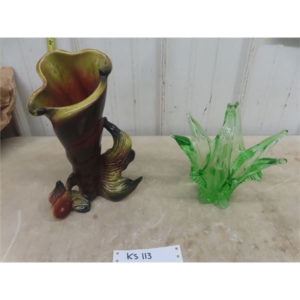 Nice Ceramic Vase with Fish 11" Tall, Green Blown Glass Dish