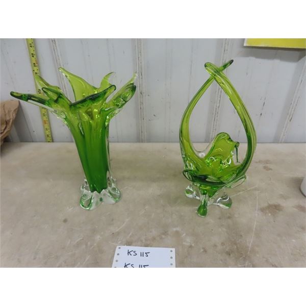 Blown Art Glass; Green Vase, Candy Dish