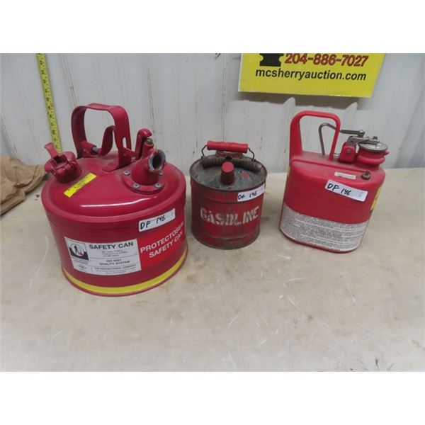 3 Gas Cans ; 1) Metal Safety, 1) Poly Safety, 1) Vintage Metal