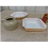 Image 2 : 2 Fire King Casserole Dishes. Small Medalta Bean Crock, Character Tea Set Village