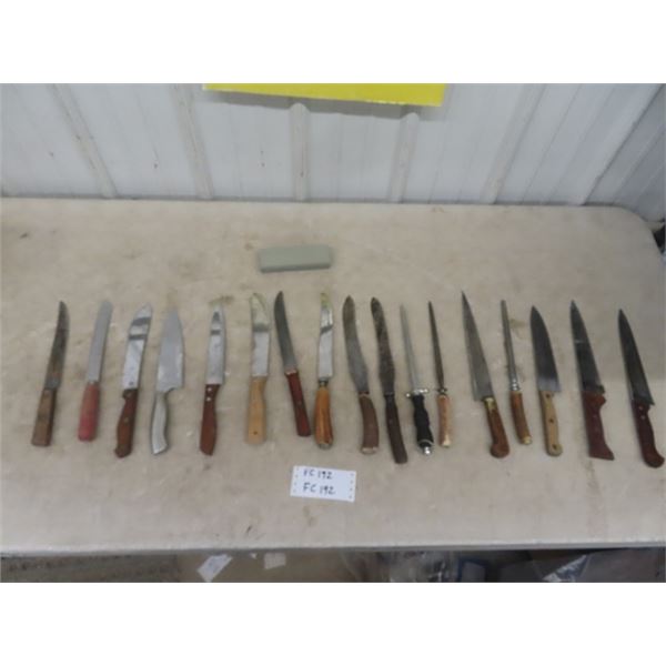 Lot of Carving Knives, Hones + Sharpening Stone