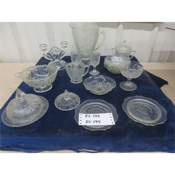 Box of Iris Herringbone Glassware; Pitcher, Butter Dish, Plates, Candle Holders plus more