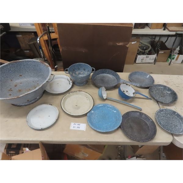 Lot of Enamel Graniteware ; Large Bowl, Plates, Ladle, Fry Pan