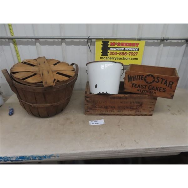 Vintage Bushell Basket with Lid, Enamel Pail, 2 Old Crates with Advertising