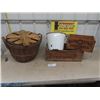 Image 1 : Vintage Bushell Basket with Lid, Enamel Pail, 2 Old Crates with Advertising