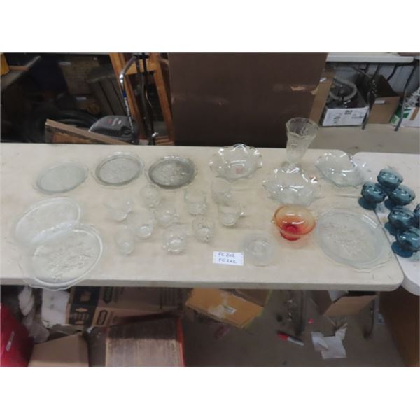 Iris Herringbone Glassware, Colored Cut Glassware, Cream + Sugar Pair, Ice Cream, Platters