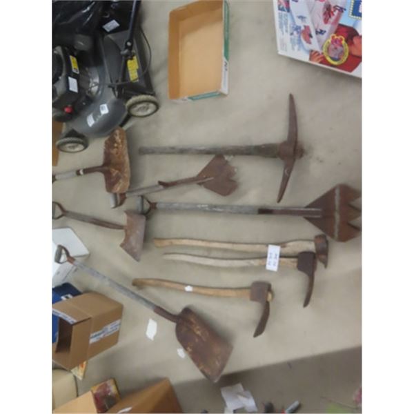 Lot of Old Yard Tools ; Hay Knives, Shovels, Pick Axe plus more