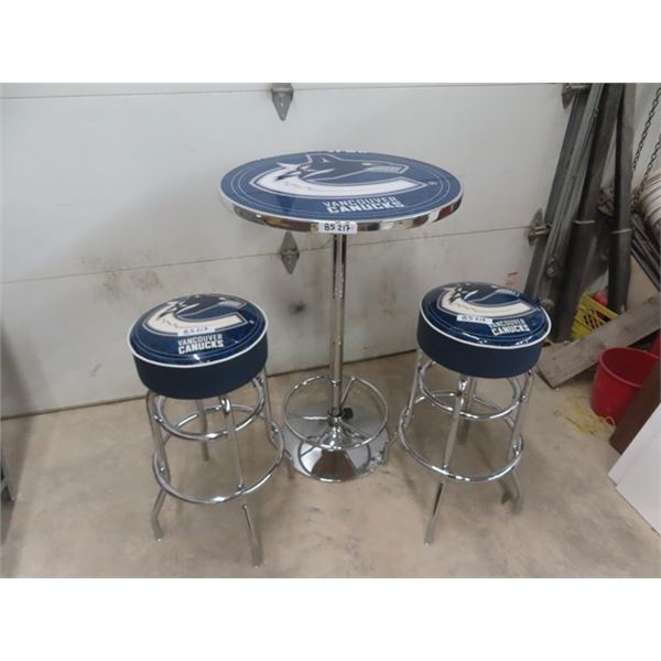 Vancouver Canucks Bar Table + Stools - Chrome with Upholstered Seat - Very Clean Table 27 1/2" Wide 
