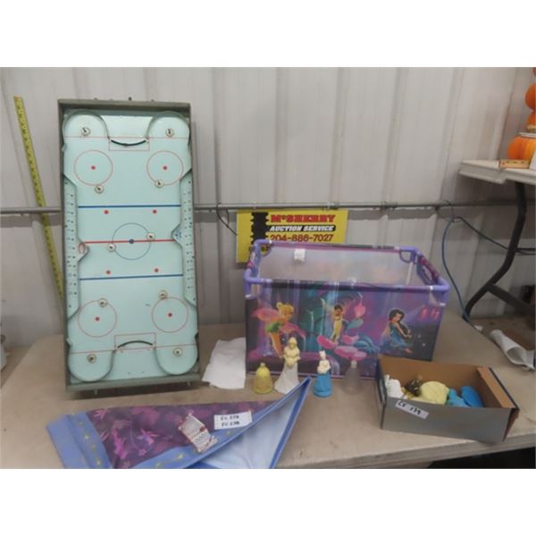 Disney Toybox with Toys, Avon Bottles, Vintage Hockey Game - NO Players