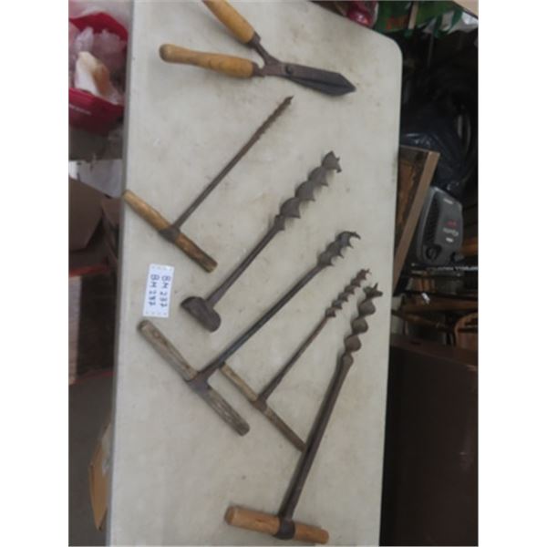 5 Old Hand Augers + Pair of Garden Snippers