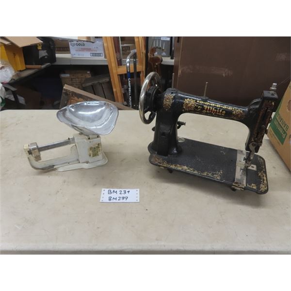 Vintage White Sewing Machine + Small Triner Candy Scale