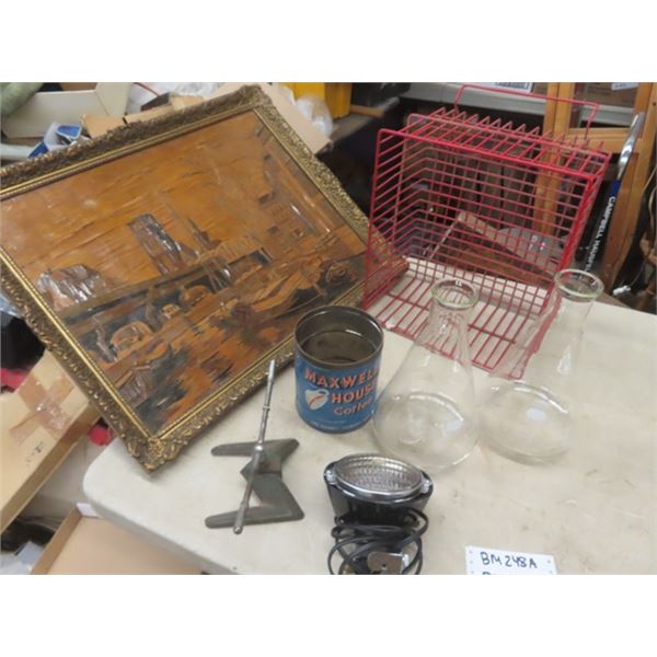 2 Large Pyrex Beakers, Sprinkler, Wire Basket, Desk Light, Picture